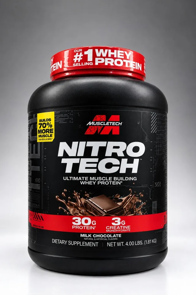 پروتئین وی نیتروتک ماسل‌ (Muscle NITRO-TECH) – طعم شکلات – وزن ۱.۸۱ کیلوگرم